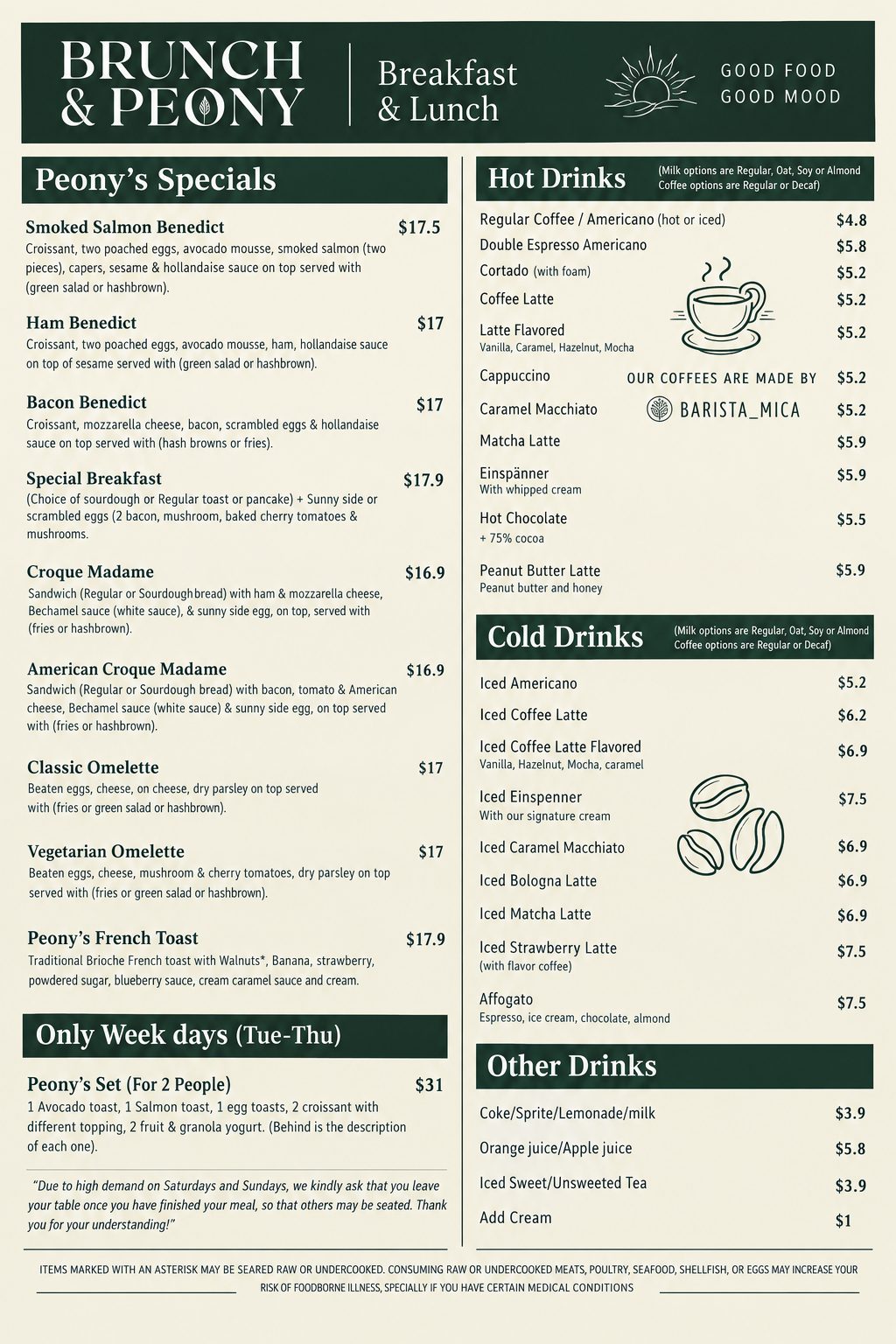 Brunch at Peony printed menu page listing Peony's Specials brunch entrées plus hot and cold coffee drinks with prices