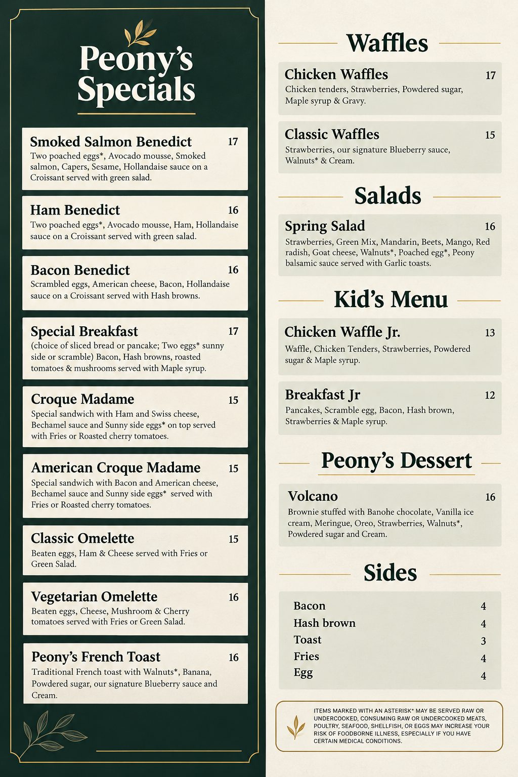 Brunch at Peony printed menu page listing waffles, salads, kids' menu, Peony's dessert and side orders with prices
