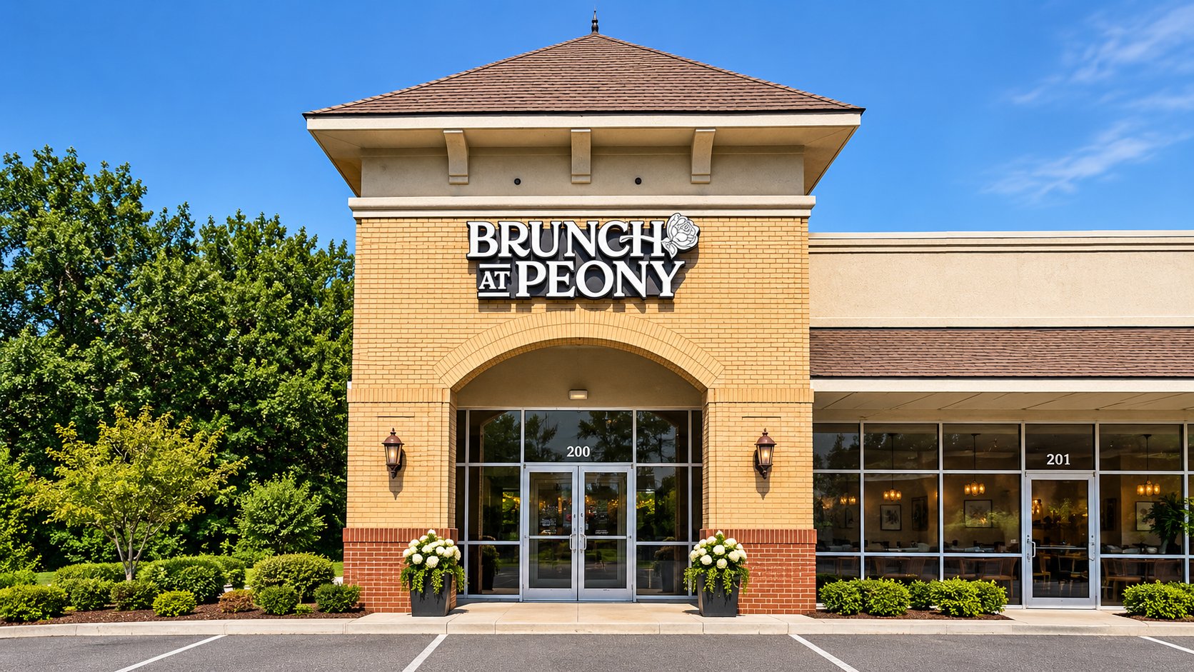 Brunch at Peony restaurant storefront entrance in Suwanee, Georgia